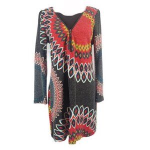 Aryeh Sweater Dress Women's L Boho Geometric Mini Zip Front Long Sleeve Read